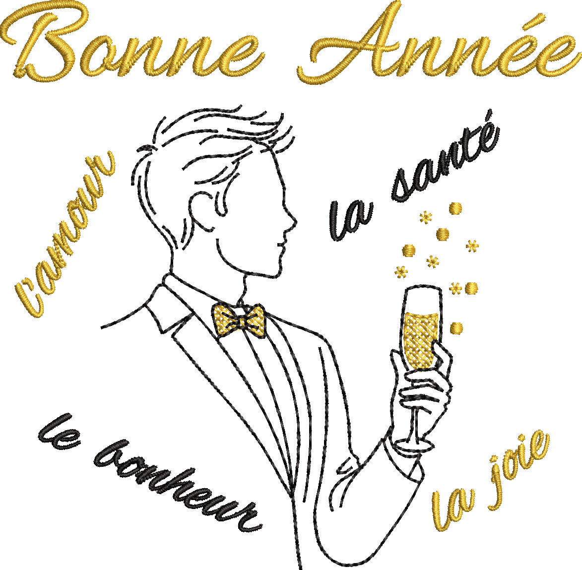 Homme élégant en costume tenant une coupe de champagne avec Bonne Année, la joie, la santé, l’amour et le bonheur – motif broderie machine 10x10