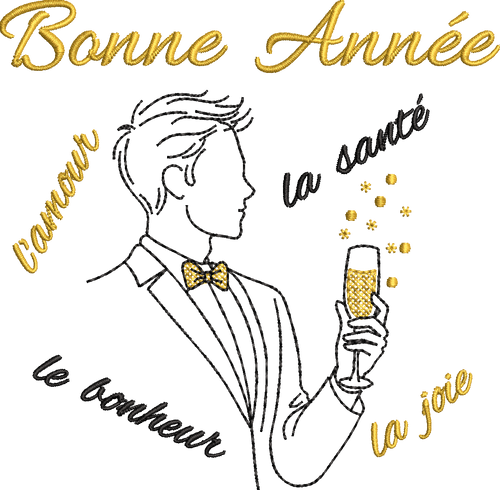 Homme élégant en costume tenant une coupe de champagne avec Bonne Année, la joie, la santé, l’amour et le bonheur – motif broderie machine 10x10