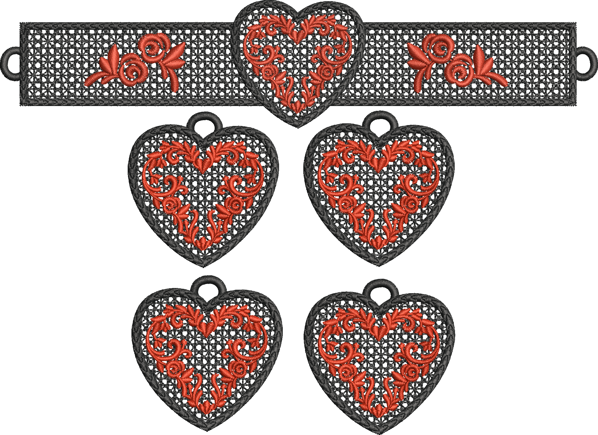 Trio Boucles/pendentif et Bracelet Coeur FSL - Motif de broderie - Cadre 18x13 et cadre 10x10