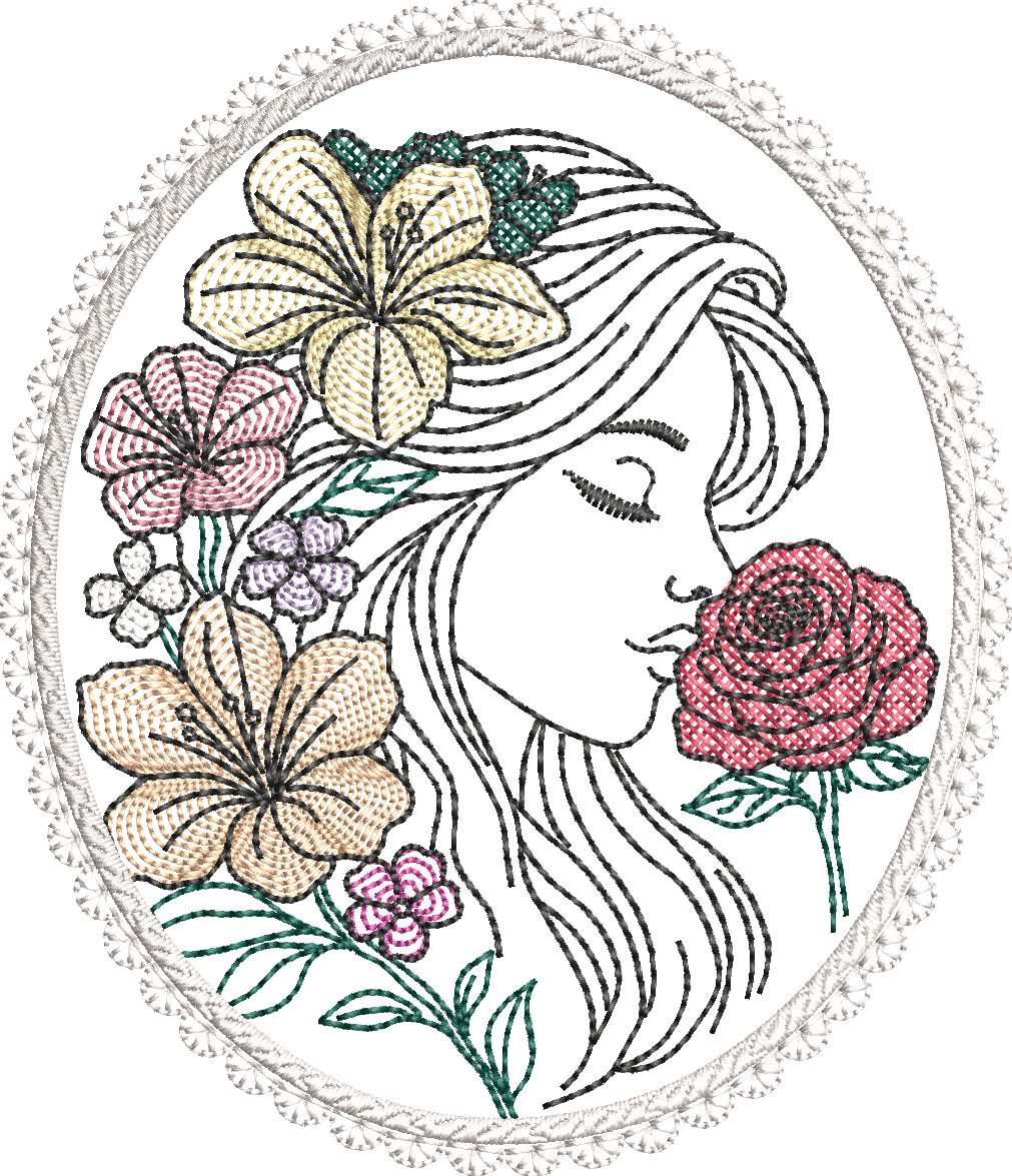Camée de Femme et murmure floral - Motif de broderie - Format disponible (pack 3 tailles, 10x10, 15x15 ou13x18, 20x20 ou 26x16)