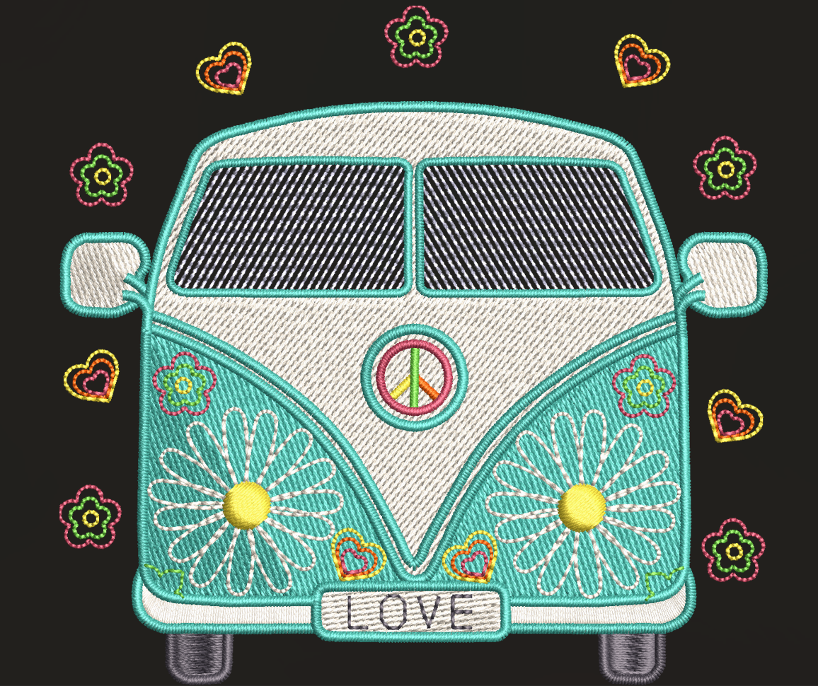 Van Life – Combi Rétro Peace & Love – Motif de Broderie Machine 10x10