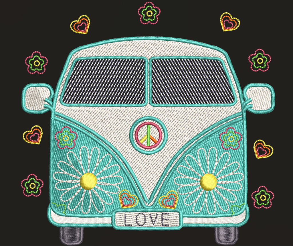 Motif de broderie machine Van Life 10x10 avec combi rétro turquoise, fleurs, cœurs et symbole Peace & Love – AK Broderie