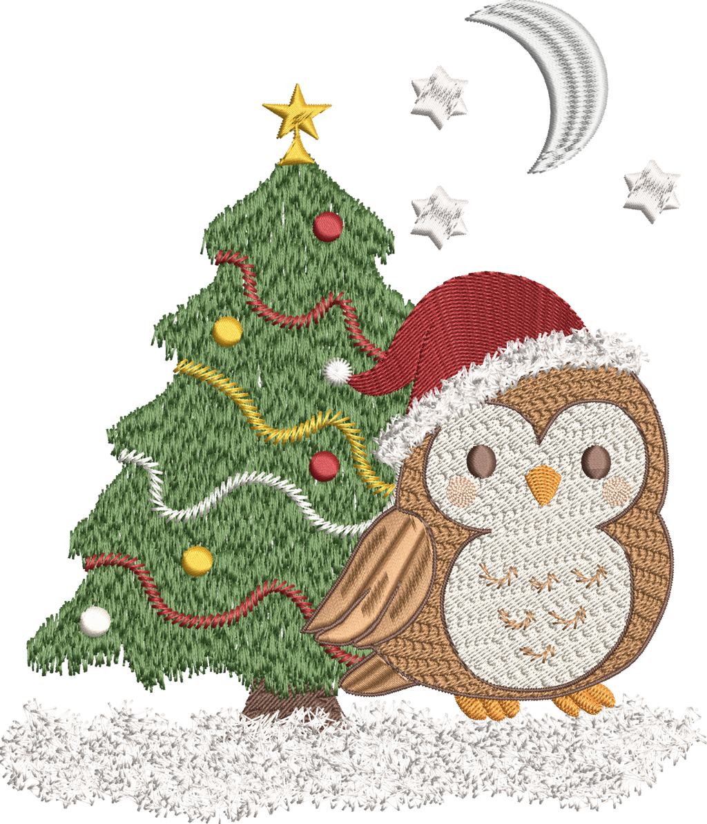 Petite chouette de Noël – Douceur, féérie & esprit des fêtes - Motif de broderie - Format disponible Pack 3 tailles, 10x10, 15x15 ou 18x13, 26x16 ou 20x20
