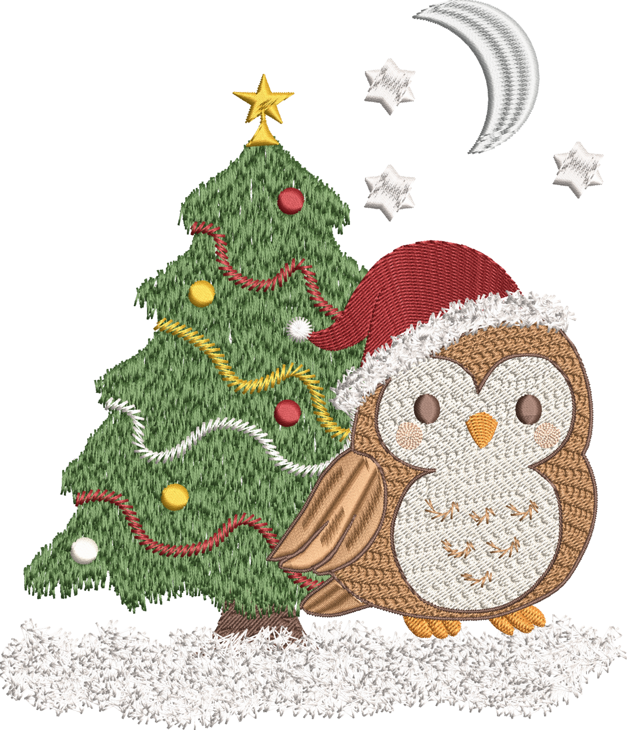Petite chouette de Noël – Douceur, féérie & esprit des fêtes - Motif de broderie - Format disponible Pack 3 tailles, 10x10, 15x15 ou 18x13, 26x16 ou 20x20