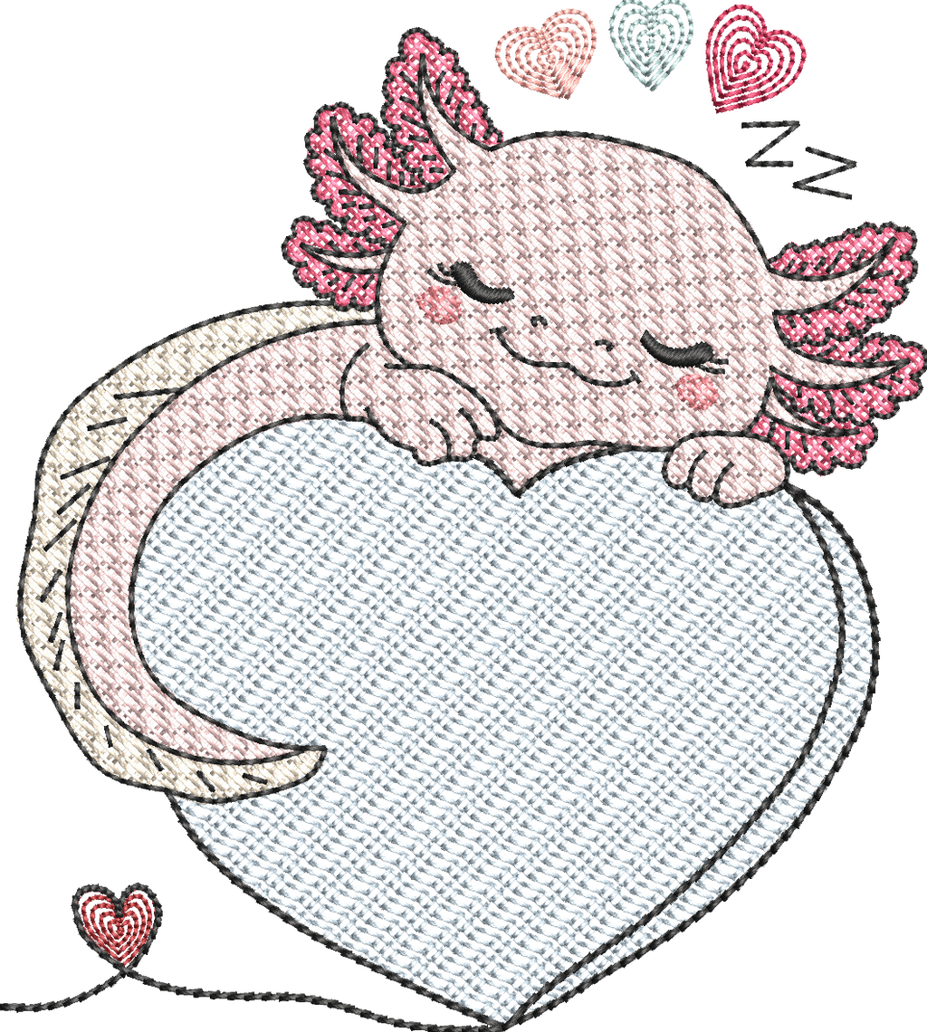 Axolotl endormi – Cœur Mylar » - Format disponible : Pack 2 tailles, Cadre 10x10 et 15x15