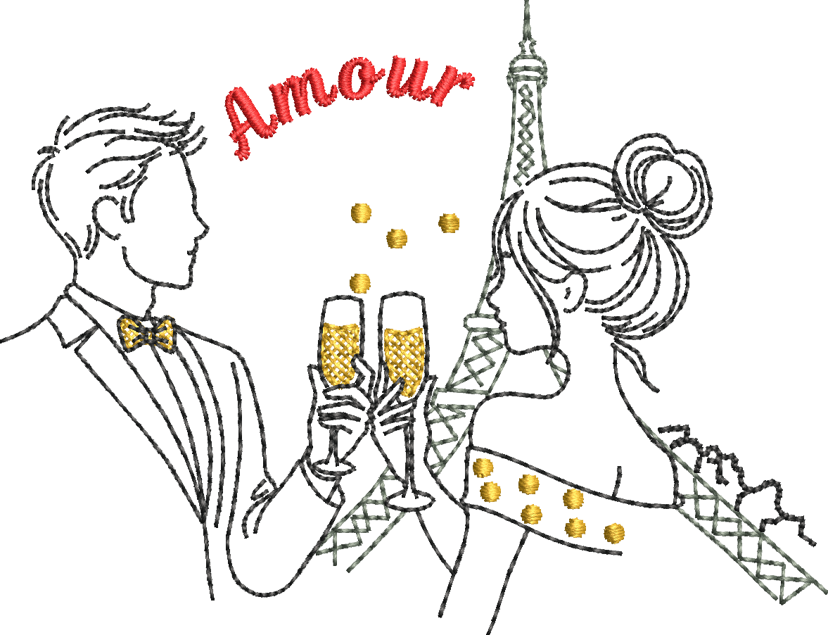 Couple d’amoureux à Paris– Légèreté, tendresse & poésie - Motif de broderie - Format disponible pack 3 tailles, 10x10, 15x15 ou 18x13, 26x16