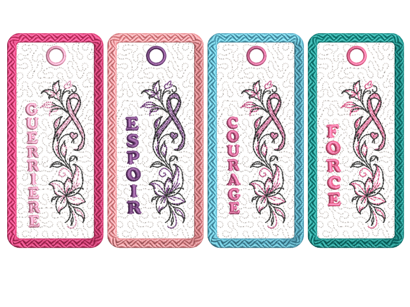 Marque-pages Octobre Rose ITH Guerrière Force Courage et Espoir avec ruban rose et fleurs – motifs de broderie machine 10x10