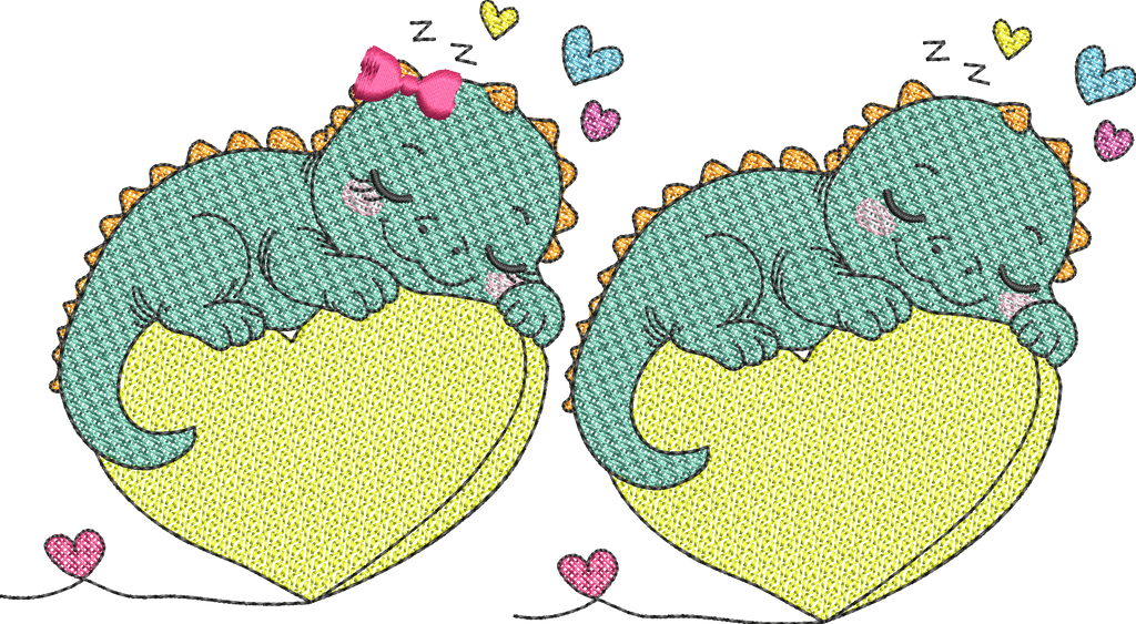 Dino et Dina endormi – Cœur Mylar » - Format disponible : Pack 2 tailles, Cadre 10x10 et 15x15