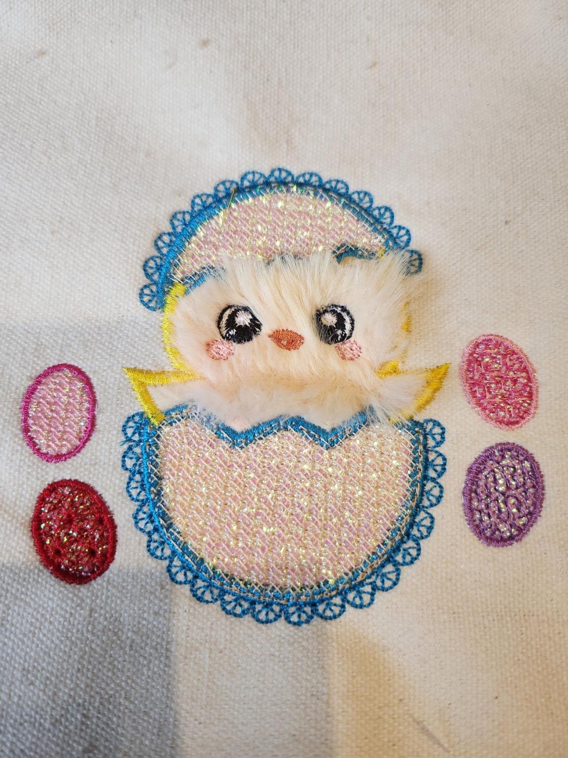Double appliqué Poussin tissu et Coquille Mylar- Motif de broderie - Taille disponible 10x10, 15x15, pack 2 tailles