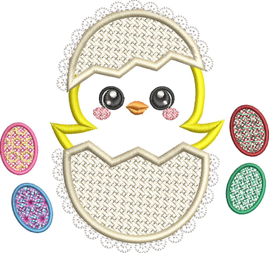 Double appliqué Poussin tissu et Coquille Mylar- Motif de broderie - Taille disponible 10x10, 15x15, pack 2 tailles