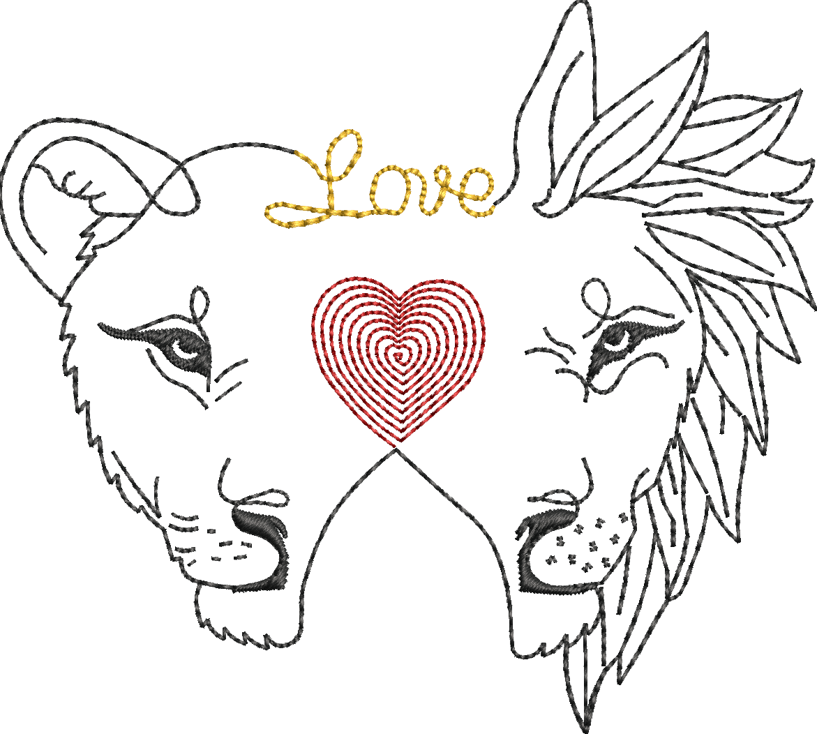 Duo Lion et Lionne - Motif broderie - Format disponible 10x10, 15x15 et 2020 ou 26x16 - Pack 3 tailles