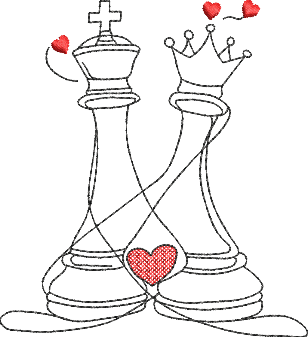 Duo Roi et Reine Echecs - Motif de broderie - Format disponible Taille 10x10, 15x15 et pack 2 tailles