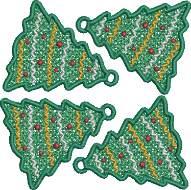 Motif de broderie FSL Sapin de Noël décoré pour boucles d’oreilles et breloques avec plaque de 4 motifs pour cadre 10x10