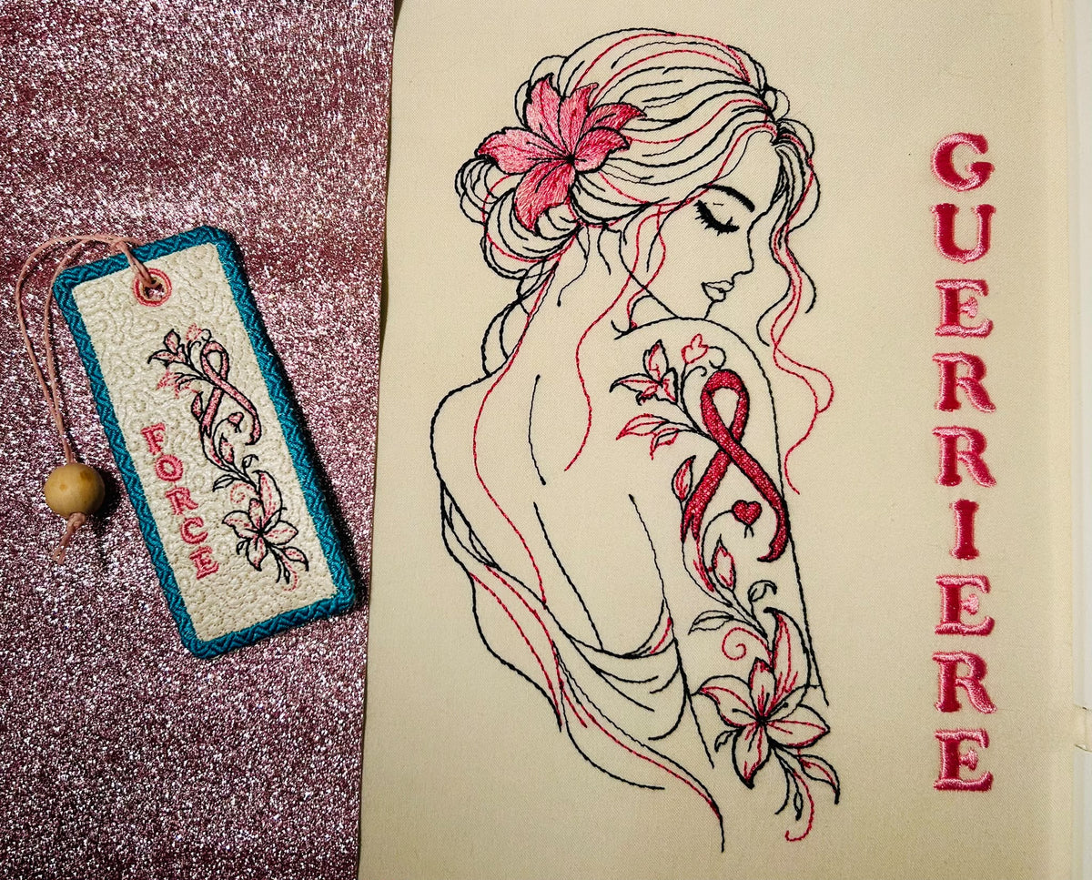 Marque-pages Octobre Rose ITH Guerrière Force Courage et Espoir avec ruban rose et fleurs – motifs de broderie machine 10x10
