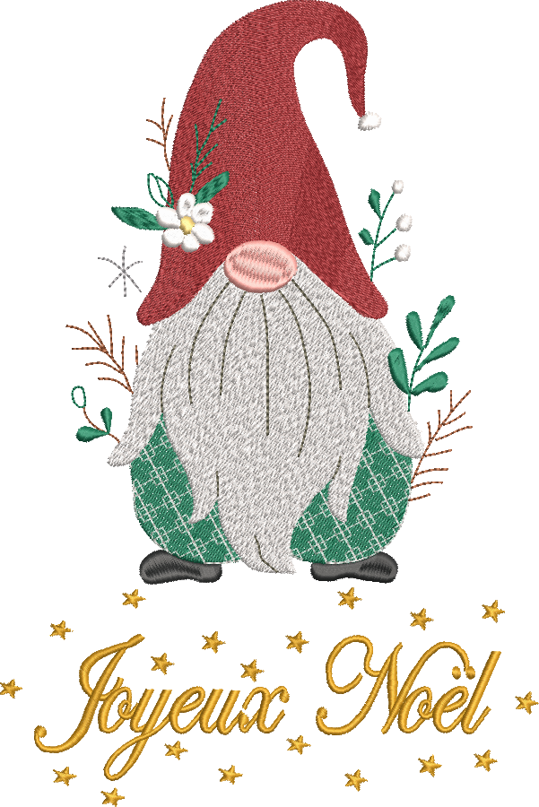 Gnome de Noël avec grand bonnet rouge, barbe blanche, tenue verte, étoiles dorées et inscription Joyeux Noël – motif de broderie machine