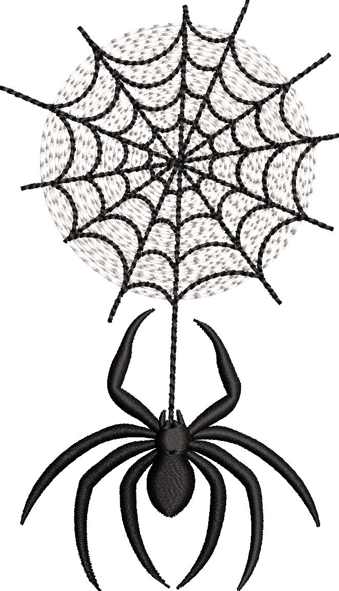 Motif de broderie FSL Halloween représentant une araignée noire 3D suspendue à sa toile d’araignée pour cadre 10x10