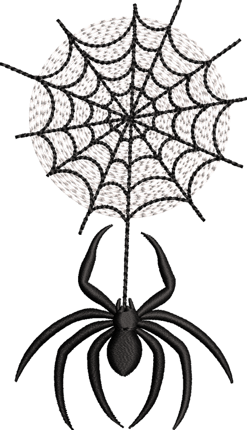 Motif de broderie FSL Halloween représentant une araignée noire 3D suspendue à sa toile d’araignée pour cadre 10x10