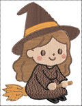 Motif de broderie machine Halloween petite sorcière mignonne assise sur son balai avec chapeau de sorcière format 10x10