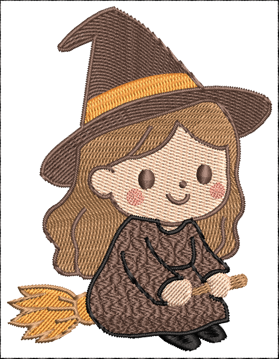 Motif de broderie machine Halloween petite sorcière mignonne assise sur son balai avec chapeau de sorcière format 10x10