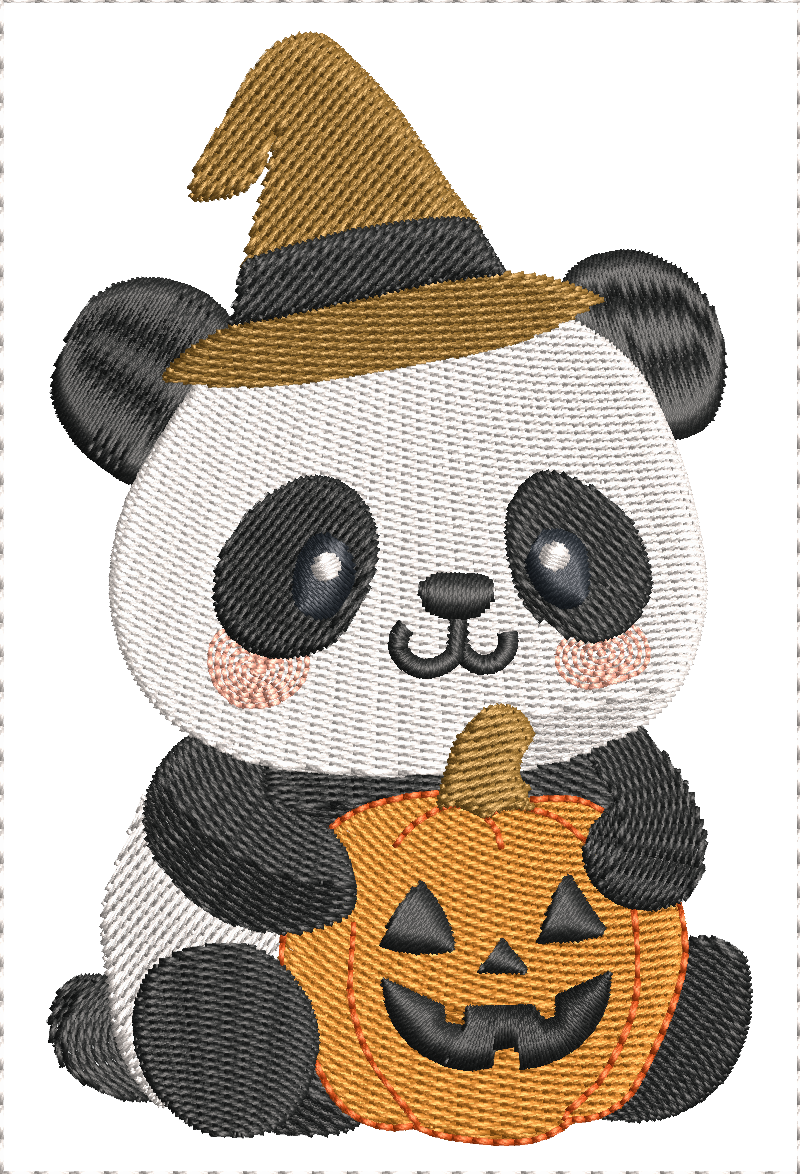 Motif de broderie machine Panda Halloween avec chapeau de sorcier et citrouille kawaii au format 10x10