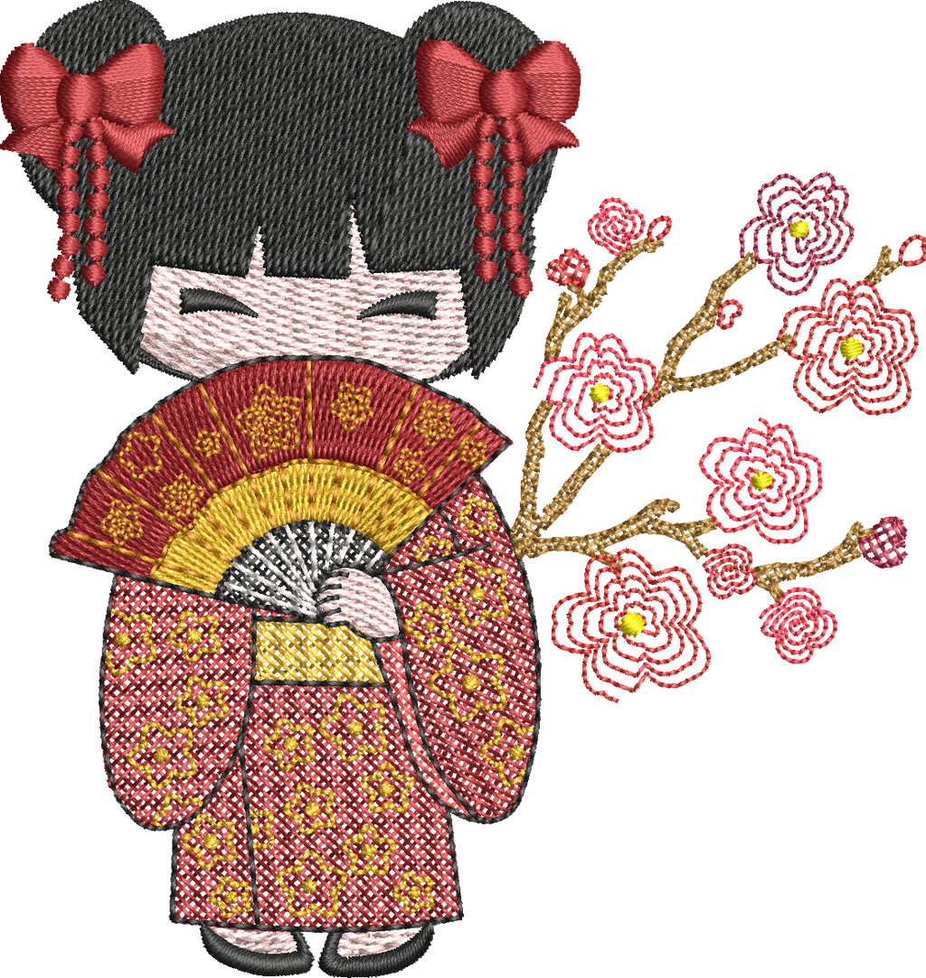 Kokeshi devant sa pagode - Fleurs de cerisier - Motif de broderie - Format disponible Pack 3 tailles, 10x10, 18x13, 20x20 ou 26x16