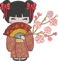 Kokeshi devant sa pagode - Fleurs de cerisier - Motif de broderie - Format disponible Pack 3 tailles, 10x10, 18x13, 20x20 ou 26x16