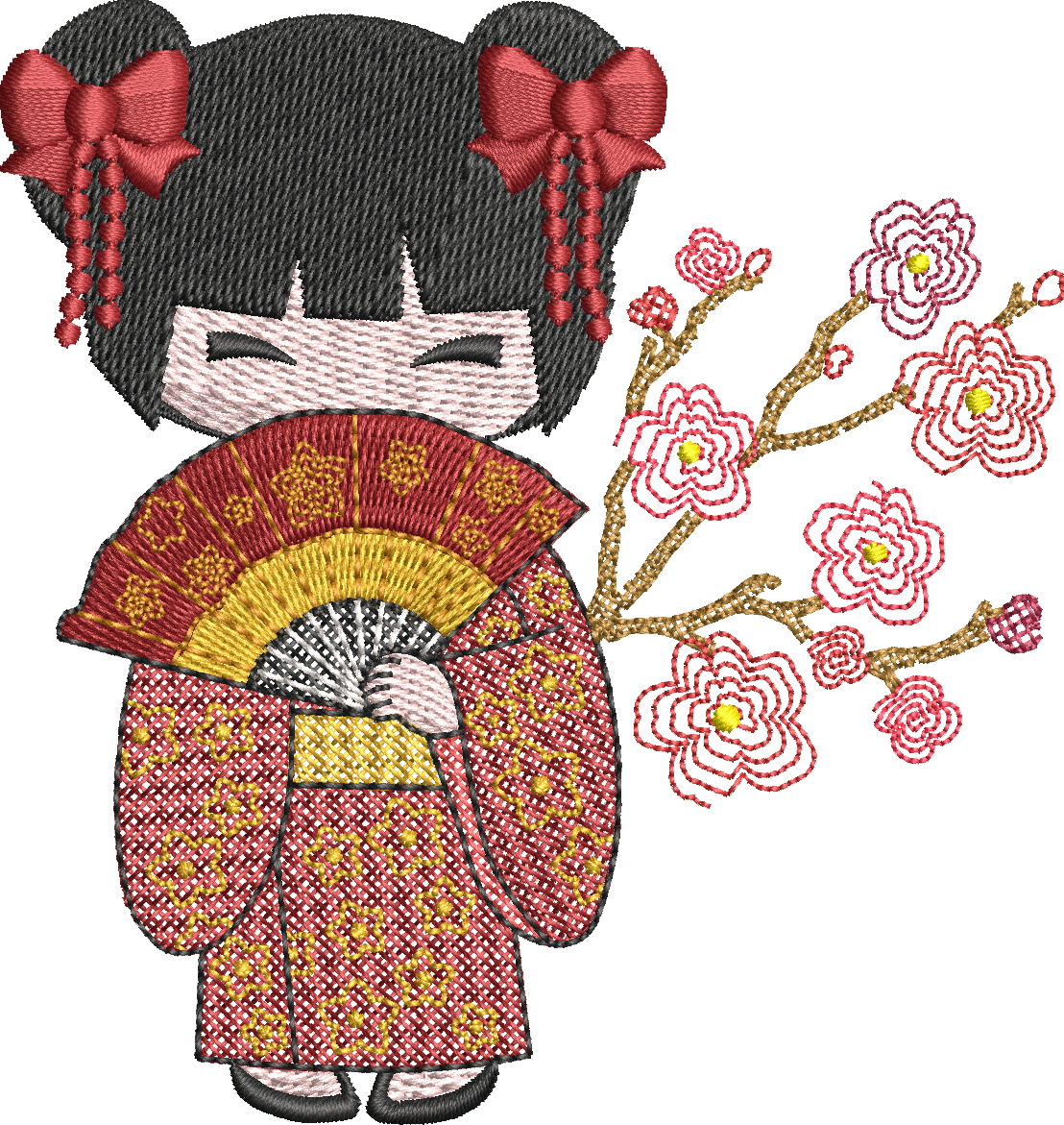 Kokeshi devant sa pagode - Fleurs de cerisier - Motif de broderie - Format disponible Pack 3 tailles, 10x10, 18x13, 20x20 ou 26x16