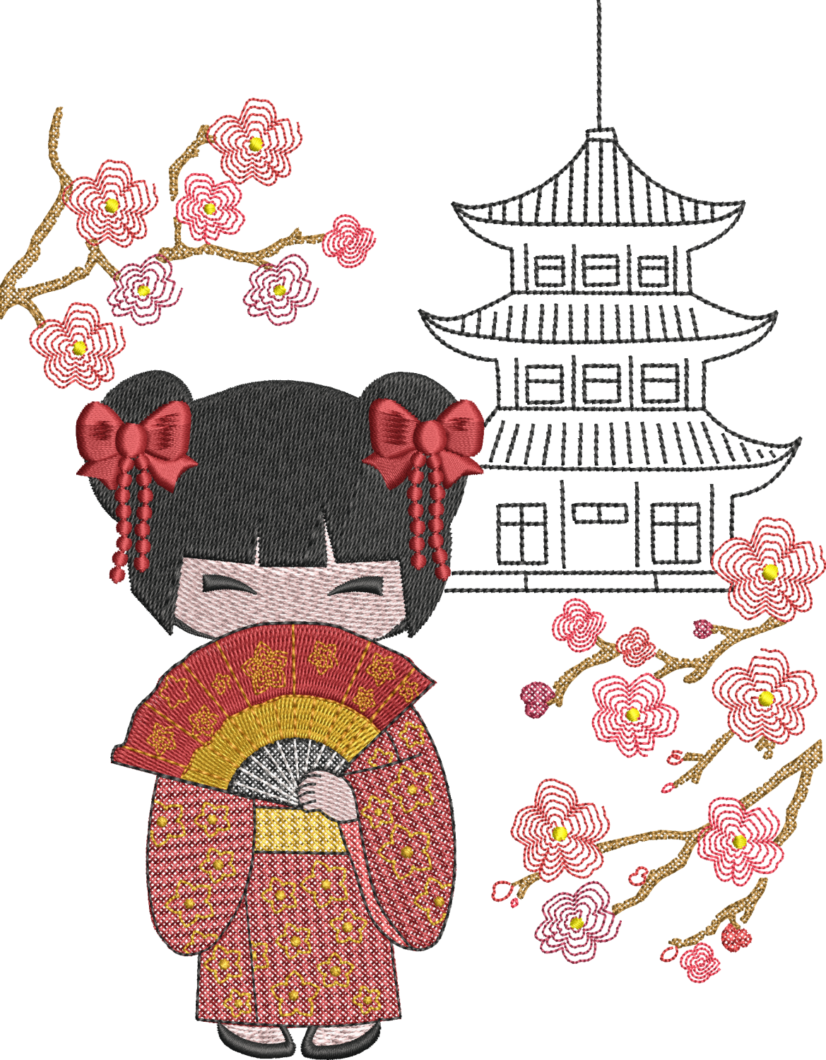 Kokeshi devant sa pagode - Fleurs de cerisier - Motif de broderie - Format disponible Pack 3 tailles, 10x10, 18x13, 20x20 ou 26x16