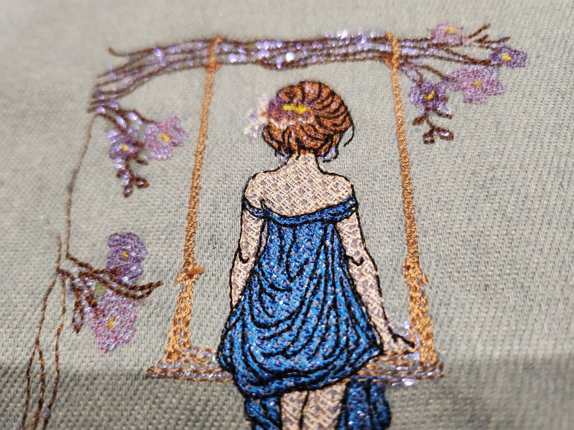La femme à la balançoire - Motif de broderie - Format disponible Pack 4 tailles, 10x10, 15x15, 18x13, 20x20 ou 26x16
