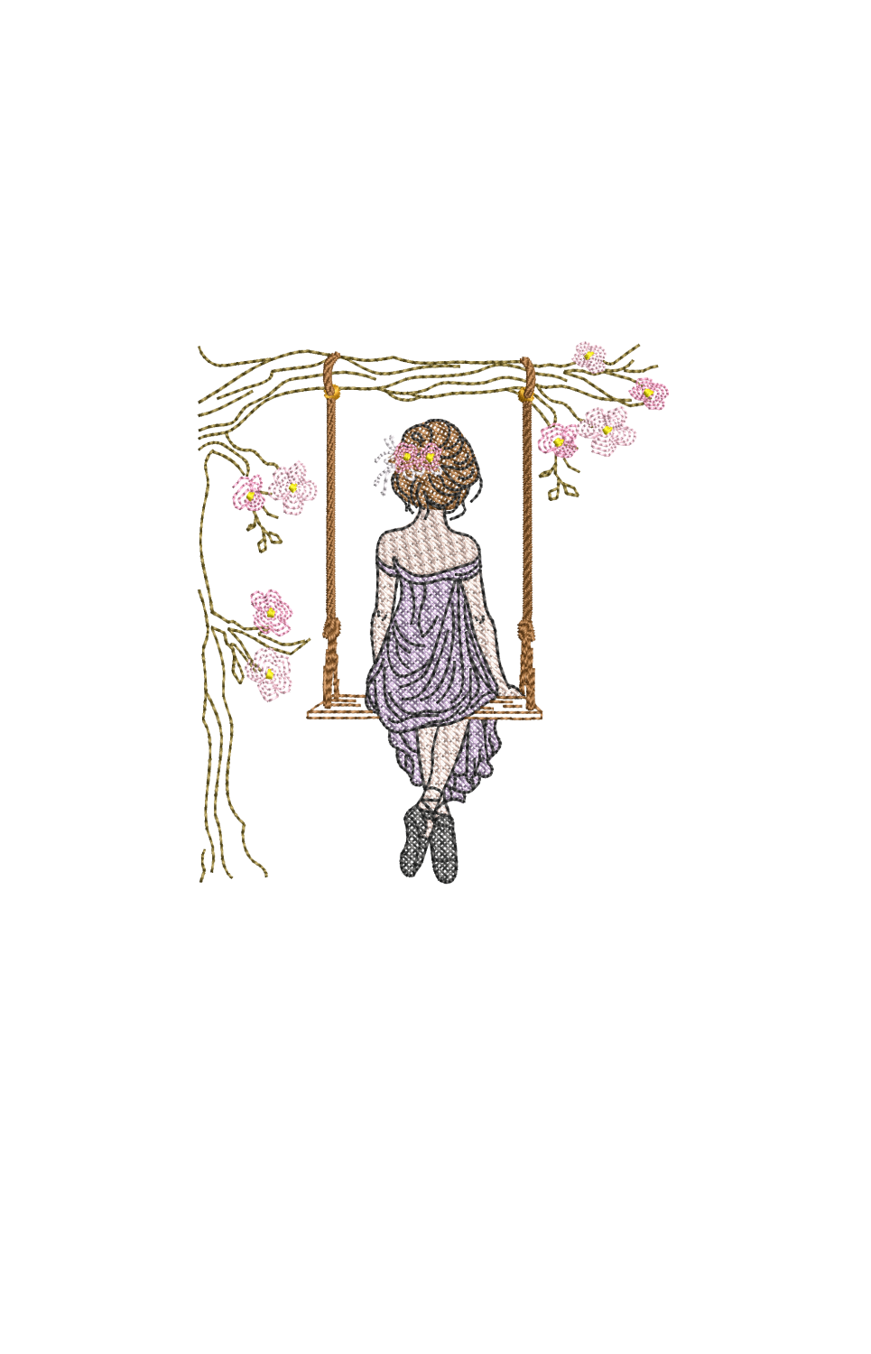 La femme à la balançoire - Motif de broderie - Format disponible Pack 4 tailles, 10x10, 15x15, 18x13, 20x20 ou 26x16