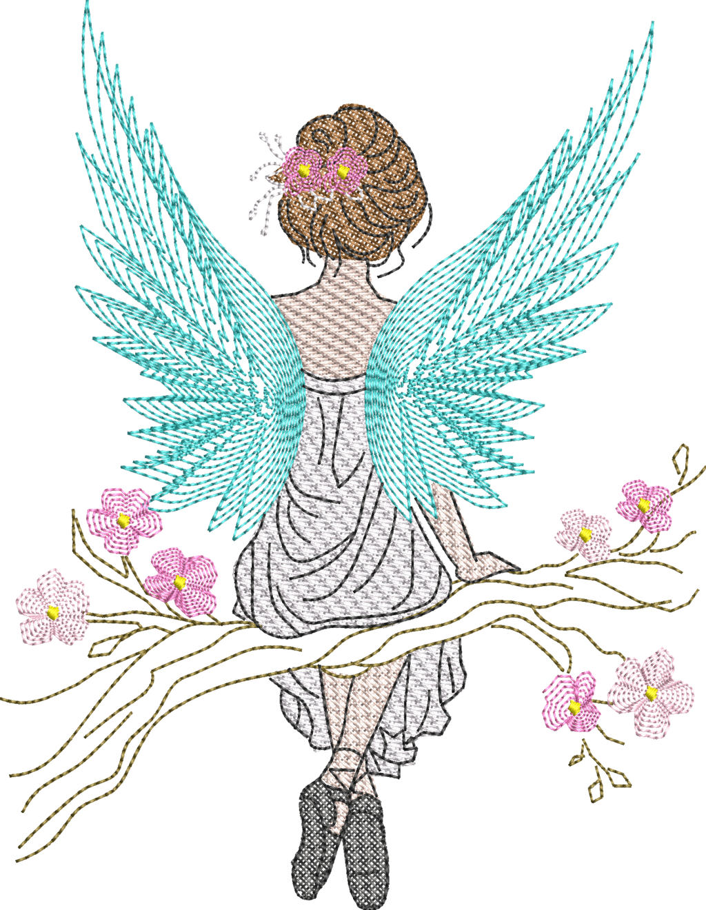 Motif de broderie La Fée du Printemps avec ailes délicates, branche fleurie et effets Mylar – AK Broderie