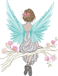 Motif de broderie La Fée du Printemps avec ailes délicates, branche fleurie et effets Mylar – AK Broderie