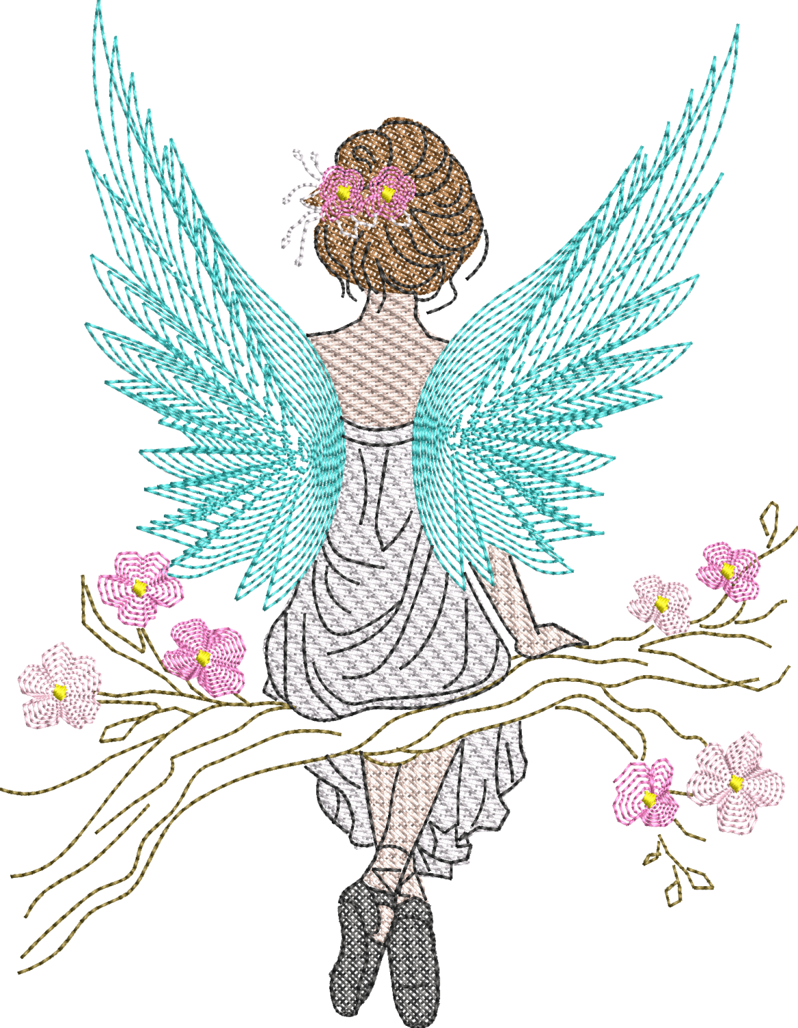 Motif de broderie La Fée du Printemps avec ailes délicates, branche fleurie et effets Mylar – AK Broderie