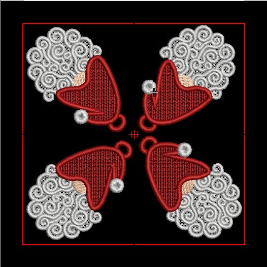 Motif de broderie FSL Père Noël avec bonnet rouge et barbe en volutes pour boucles d’oreilles et breloques, plaque de 4 motifs pour cadre 10x10