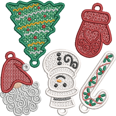 Pack de 5 motifs de broderie FSL de Noël avec sapin, moufle, Père Noël, bonhomme de neige et sucre d’orge pour boucles d’oreilles et breloques 10x10