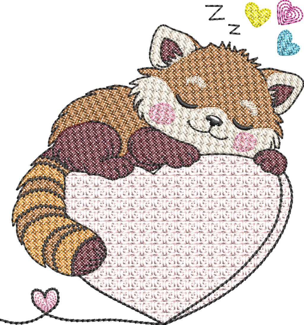 Panda roux endormi – Cœur Mylar » - Format disponible : Pack 2 tailles, Cadre 10x10 et 15x15