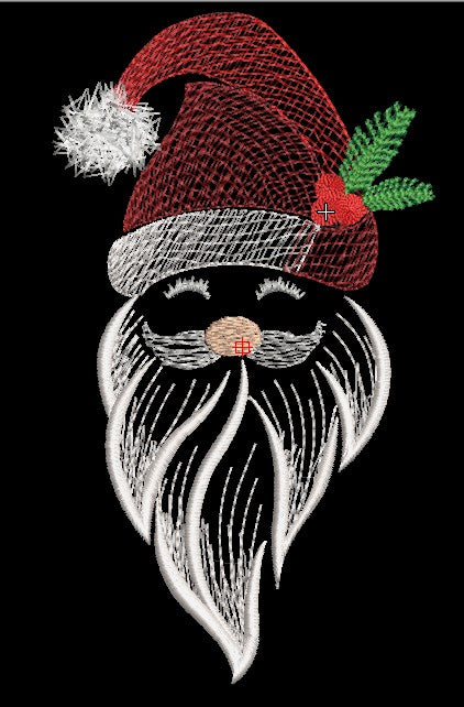 Père Noël avec bonnet rouge, barbe blanche, feuillage et baies rouges dans un style croquis – motif de broderie machine