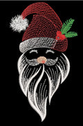 Père Noël avec bonnet rouge, barbe blanche, feuillage et baies rouges dans un style croquis – motif de broderie machine