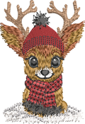 Petit faon de Noël avec grands bois, bonnet rouge, écharpe rouge et noire et neige – motif de broderie machine