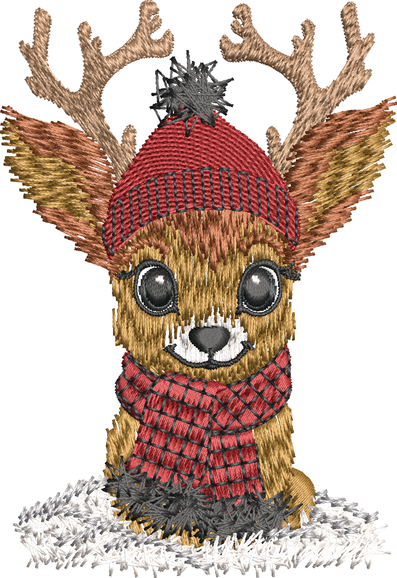 Petit faon de Noël avec grands bois, bonnet rouge, écharpe rouge et noire et neige – motif de broderie machine