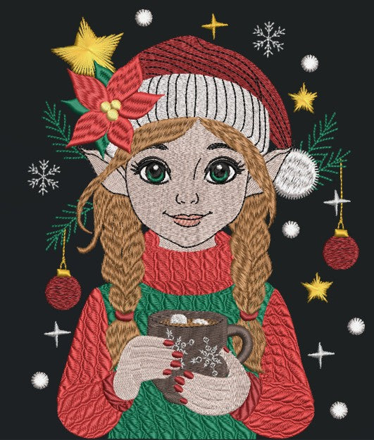 Petite Elfe de Noël avec bonnet rouge, poinsettia, tasse de chocolat chaud, flocons et décor féerique – motif de broderie machine
