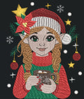 Petite Elfe de Noël avec bonnet rouge, poinsettia, tasse de chocolat chaud, flocons et décor féerique – motif de broderie machine