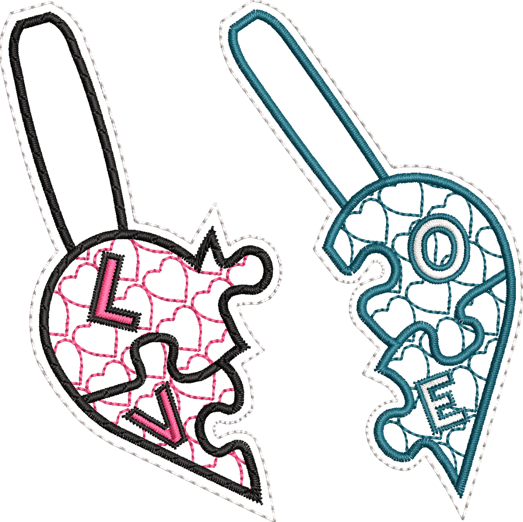 Porte clés ITH Duo Coeur Puzzle - Motif de Broderie - Format disponible 10x10