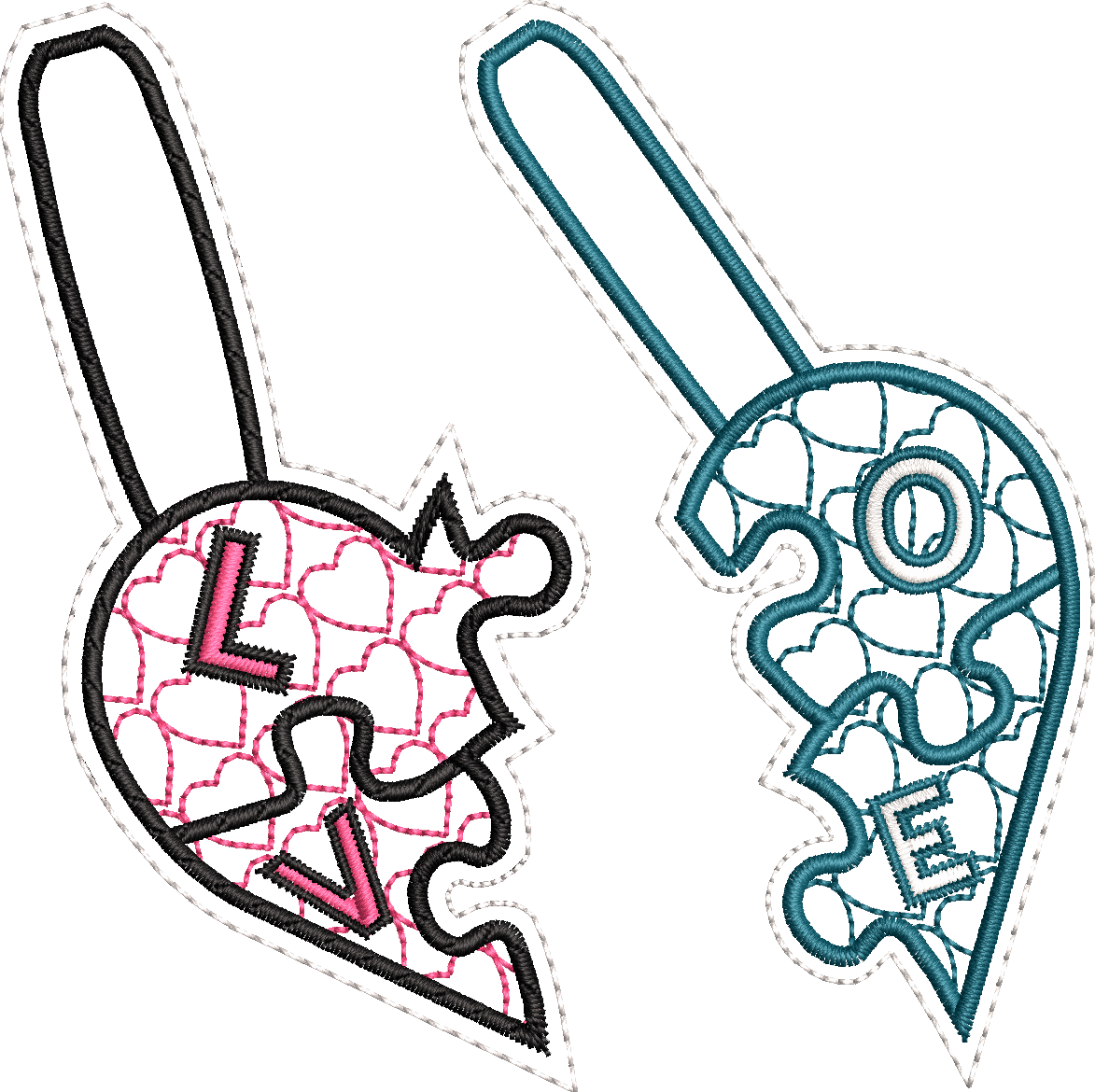 Porte clés ITH Duo Coeur Puzzle - Motif de Broderie - Format disponible 10x10
