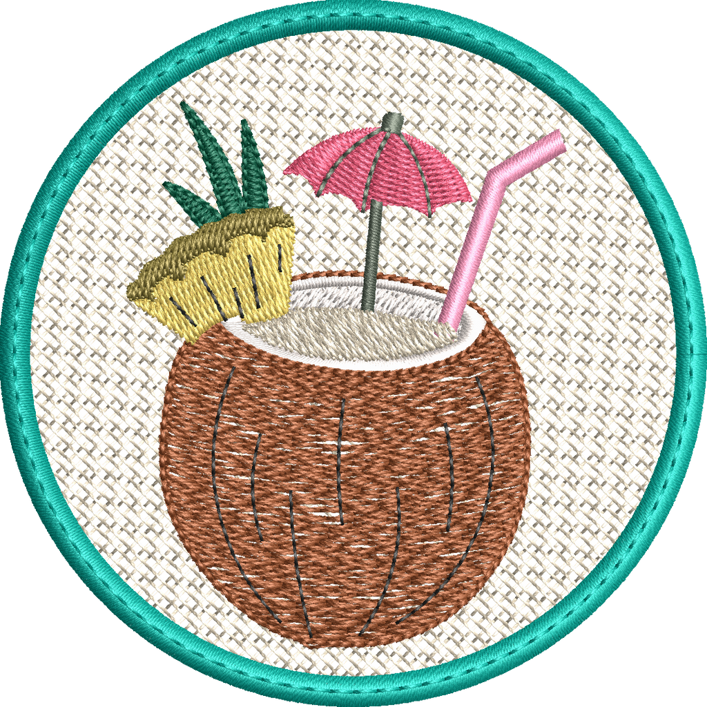 Sous-verre ITH cocktail Pina Colada en broderie machine 10x10 avec noix de coco, ananas, ombrelle et Mylar optionnel