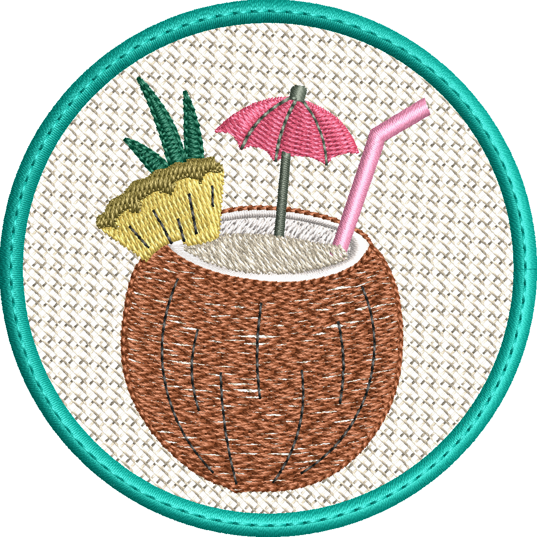 Sous-verre ITH cocktail Pina Colada en broderie machine 10x10 avec noix de coco, ananas, ombrelle et Mylar optionnel