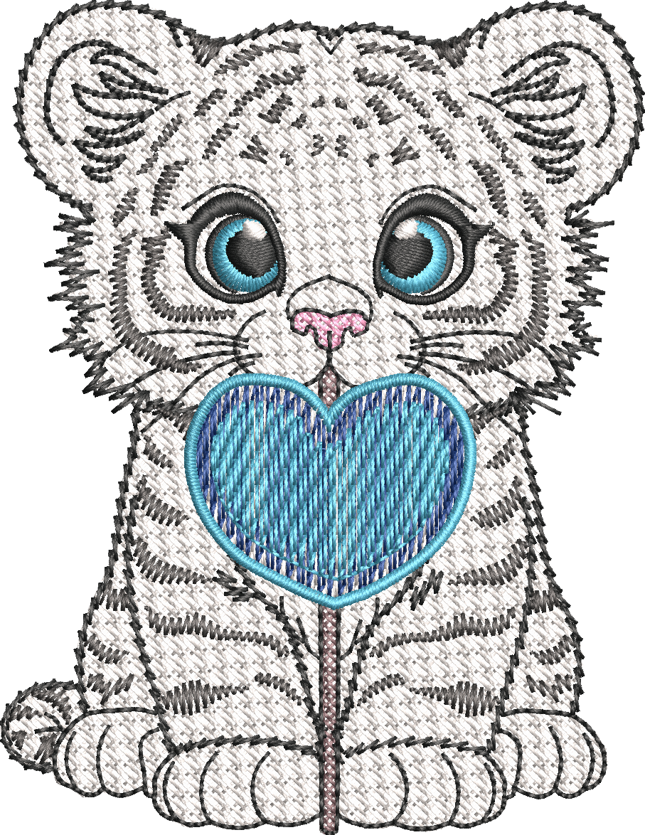 Tigre blanc avec sa sucette coeur - Motif de broderie - Format disponible 10x10, 15x15 ou 18x13 et pack 2 tailles