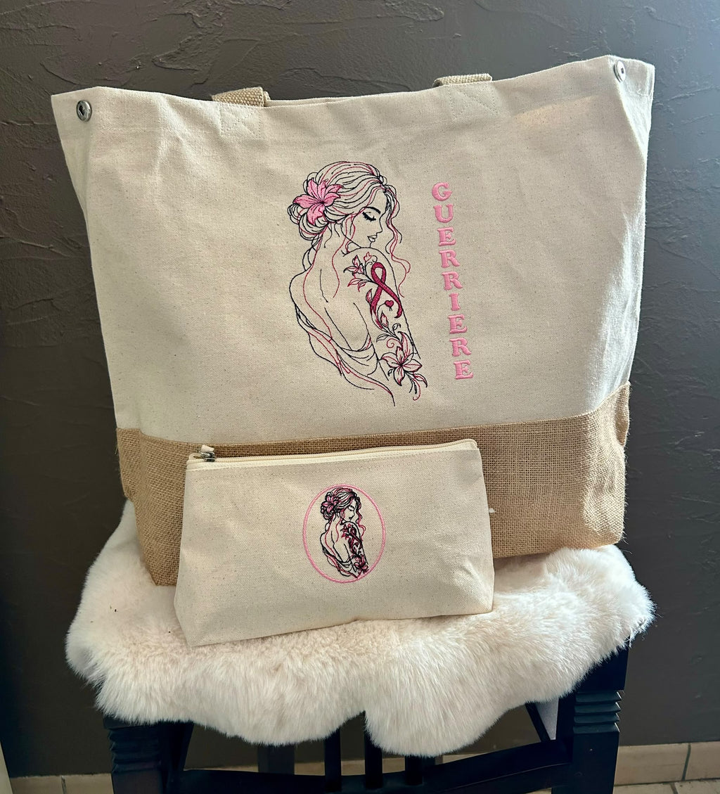 PRÉCOMMANDE – Sac brodé Guerrière Octobre Rose – Coton & Jute - Edition Limitée