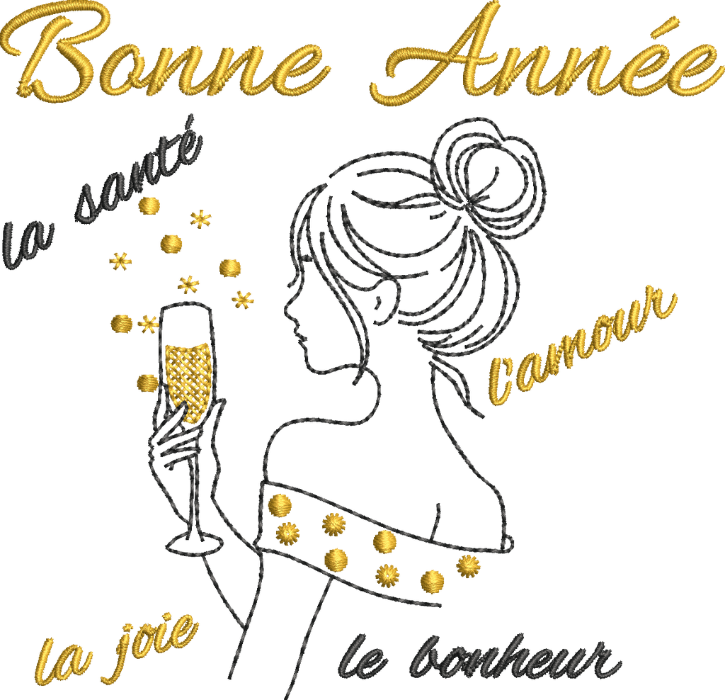 Femme élégante tenant une coupe de champagne avec Bonne Année, la joie, la santé, l’amour et le bonheur – motif broderie machine 10x10