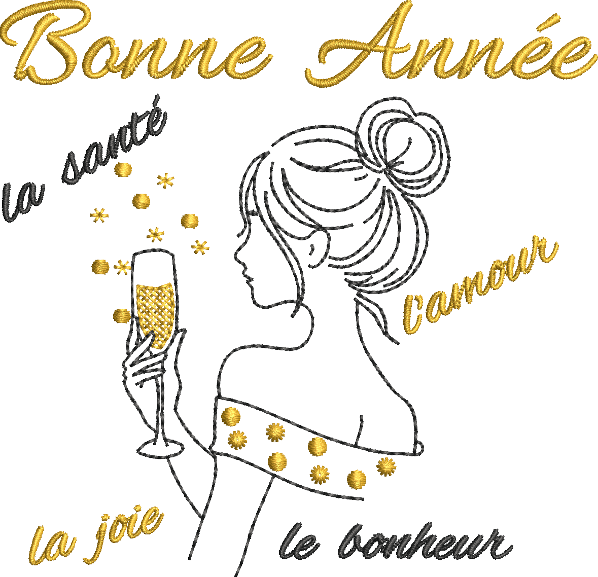 Femme élégante tenant une coupe de champagne avec Bonne Année, la joie, la santé, l’amour et le bonheur – motif broderie machine 10x10